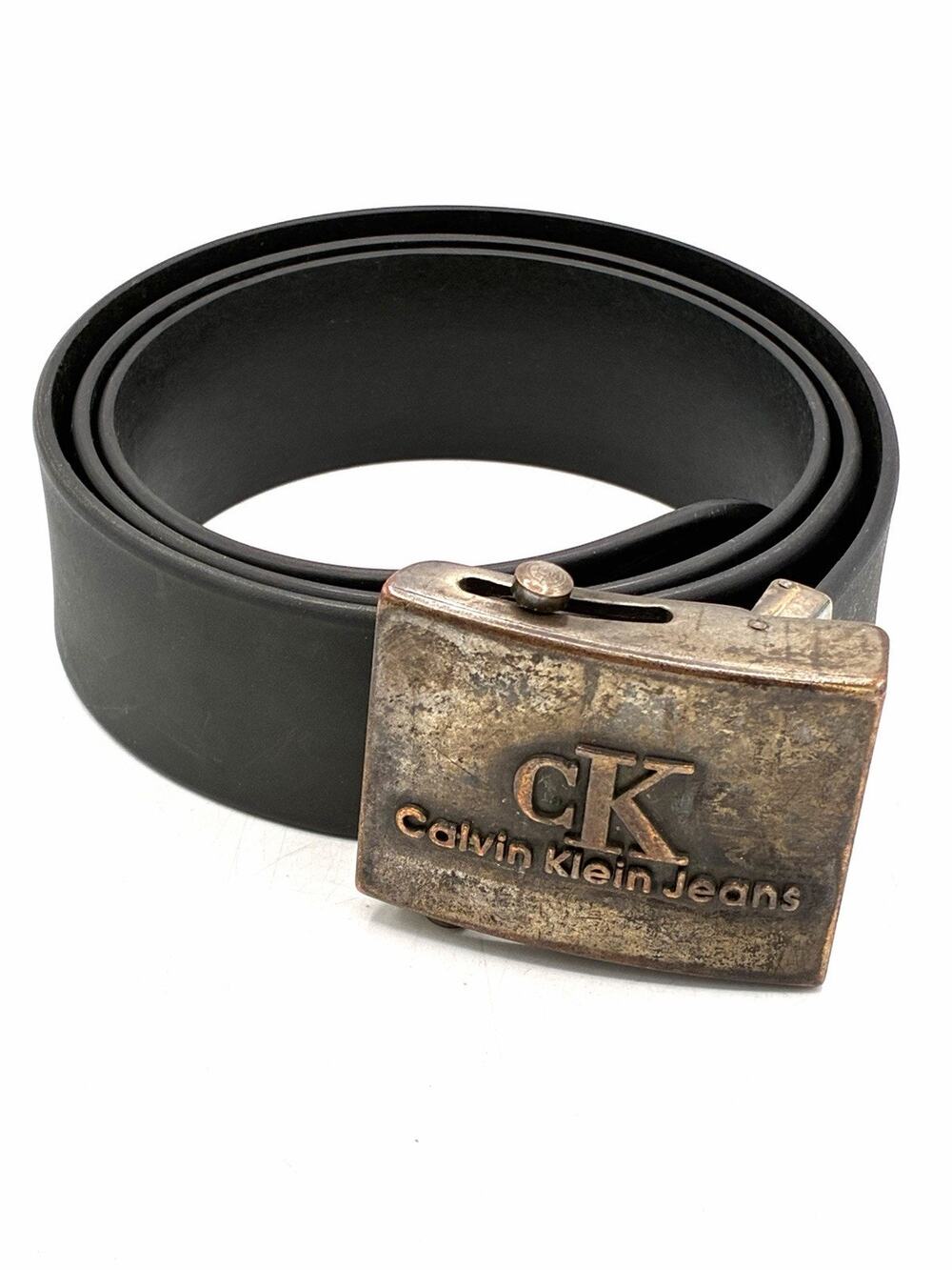 Vintage Calvin Klein Jeans CK Rubber Belt Mens M Black Logo Metal Buckle Y2K